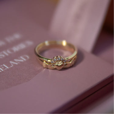 Gold Claddagh & Half moon diamond stack